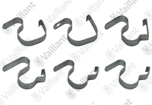 Set aus metallenen Klemmfedern von Vaillant, in verschiedenen Formen und Größen, für die Verwendung in Heizsystemen oder ähnlichen Anwendungen.